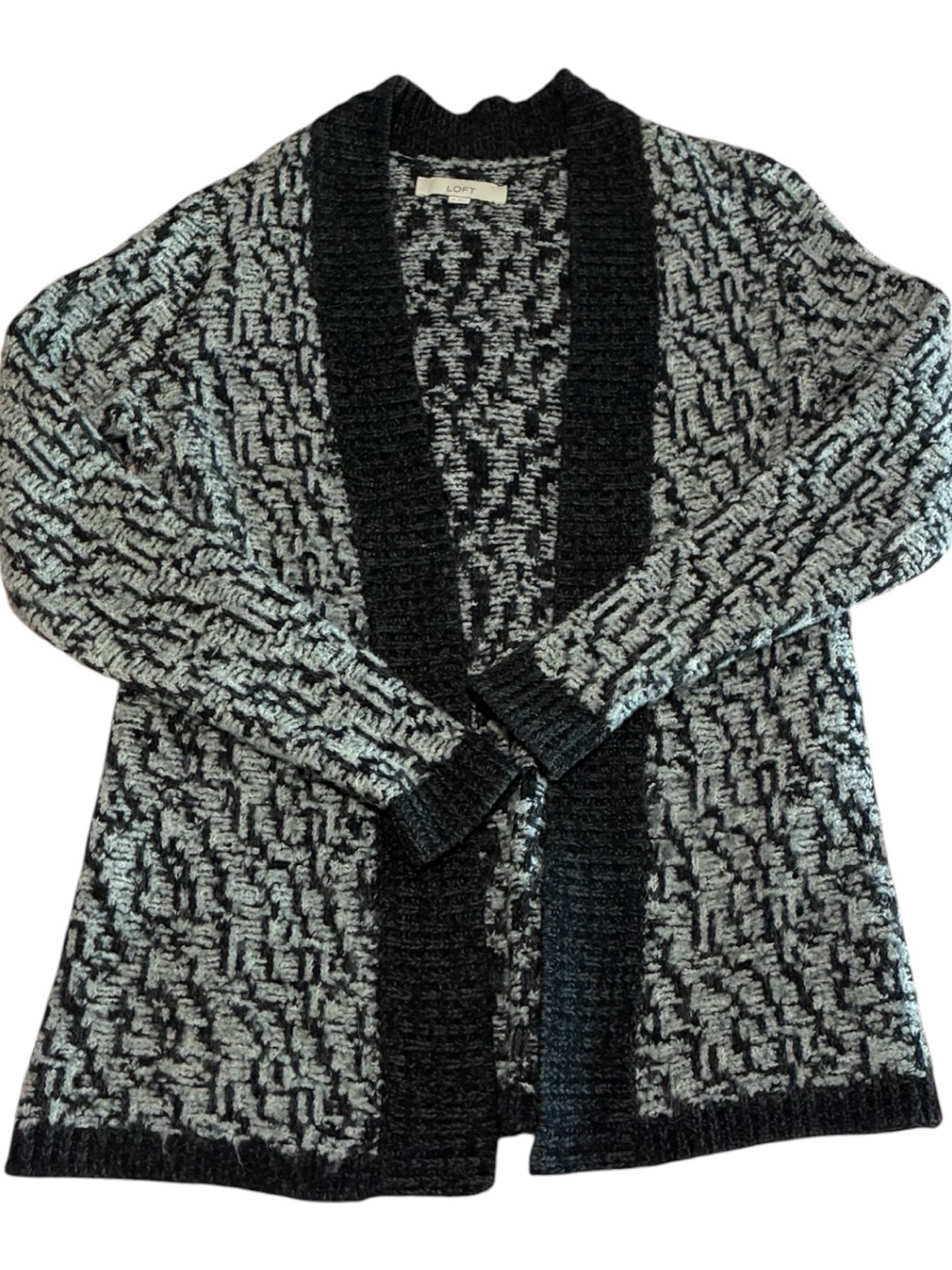 LOFT Black and Gray Open-Front Patterned Cardigan